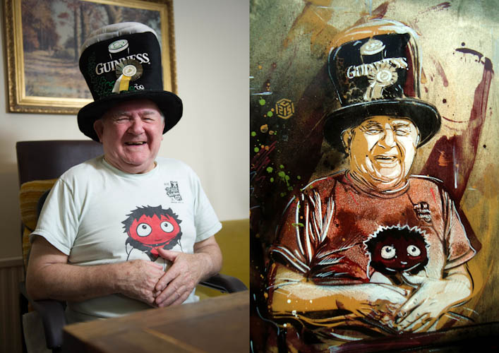 Jon Cartwright photo of John Nolan and C215's stencil painting of him Jon Cartwright photo of John Nolan and C215's stencil painting of him